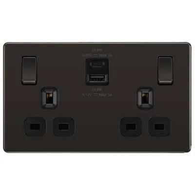 Electrical Lighting BG Screwless 13A 2 Gang 22W Switched Socket & USB-A+C Black Nickel FBN22UAC22B-01 - Electrical Lighting BG Screwless 13A 2 Gang 22W Switched Socket & USB-A+C Black Nickel FBN22UAC22B-01