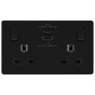 BG British General BG Screwless 13A 2 Gang 22W Switched Socket & USB-A+C Matt Black FFB22UAC22B-01 - BG British General BG Screwless 13A 2 Gang 22W Switched Socket & USB-A+C Matt Black FFB22UAC22B-01