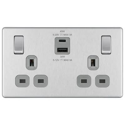 Electrical Lighting BG Screwless 13A 2 Gang 45W Switched Socket & USB-A+C Brushed Steel FBS22UAC45G-01 - Electrical Lighting BG Screwless 13A 2 Gang 45W Switched Socket & USB-A+C Brushed Steel FBS22UAC45G-01
