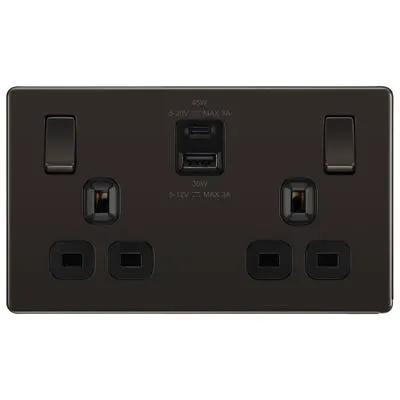 Electrical Lighting BG Screwless 13A 2 Gang 45W Switched Socket & USB-A+C Black Nickel FBN22UAC45B-01 - Electrical Lighting BG Screwless 13A 2 Gang 45W Switched Socket & USB-A+C Black Nickel FBN22UAC45B-01