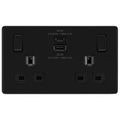 Electrical Lighting BG Screwless 13A 2 Gang 45W Switched Socket & USB-A+C Matt Black FFB22UAC45B-01 - Electrical Lighting BG Screwless 13A 2 Gang 45W Switched Socket & USB-A+C Matt Black FFB22UAC45B-01