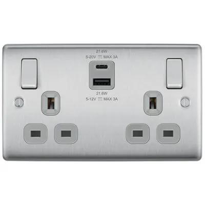 Electrical Lighting BG 13A 22W 2 Gang Switched Socket & USB-A+C Brushed Steel NBS22UAC22G-01 - Electrical Lighting BG 13A 22W 2 Gang Switched Socket & USB-A+C Brushed Steel NBS22UAC22G-01