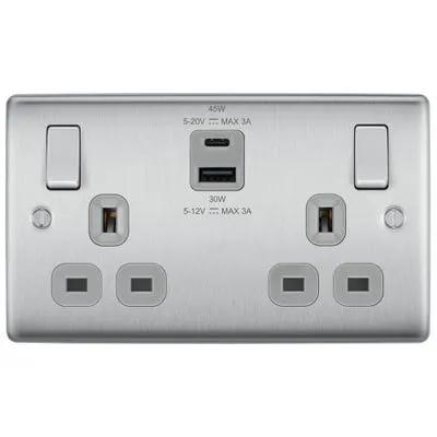 Electrical Lighting BG 13A 45W 2 Gang Switched Socket & USB-A+C Brushed Steel NBS22UAC45G-01 - Electrical Lighting BG 13A 45W 2 Gang Switched Socket & USB-A+C Brushed Steel NBS22UAC45G-01