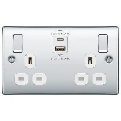 Electrical Lighting BG 13A 45W 2 Gang Switched Socket & USB-A+C Polished Chrome NPC22UAC45W-01 - Electrical Lighting BG 13A 45W 2 Gang Switched Socket & USB-A+C Polished Chrome NPC22UAC45W-01
