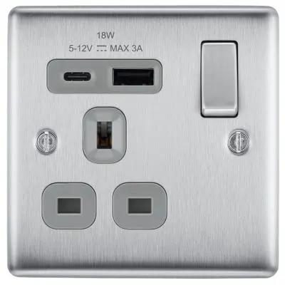 Electrical Lighting BG 13A 18W 1 Gang Switched Socket & USB-A+C Brushed Steel NBS21UAC18G-01 - Electrical Lighting BG 13A 18W 1 Gang Switched Socket & USB-A+C Brushed Steel NBS21UAC18G-01