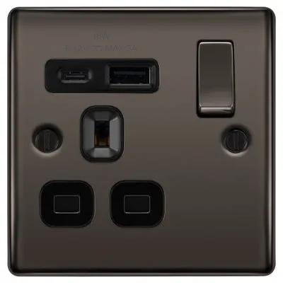 Electrical Lighting BG 13A 18W 1 Gang Switched Socket & USB-A+C Black Nickel NBN21UAC18B-01 - Electrical Lighting BG 13A 18W 1 Gang Switched Socket & USB-A+C Black Nickel NBN21UAC18B-01