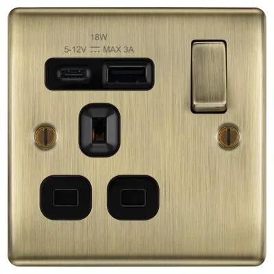Electrical Lighting BG 13A 18W 1 Gang Switched Socket & USB-A+C Antique Brass NAB21UAC18B-01 - Electrical Lighting BG 13A 18W 1 Gang Switched Socket & USB-A+C Antique Brass NAB21UAC18B-01