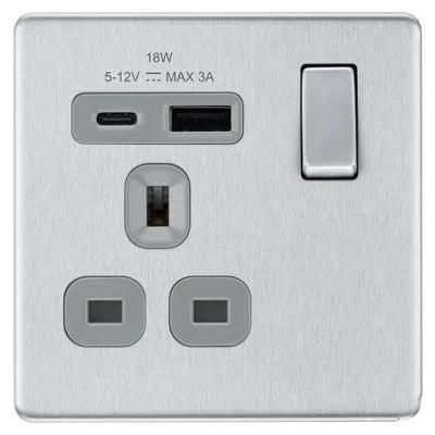 Electrical Lighting BG Screwless 13A 1 Gang 18W Switched Socket & USB-A+C Brushed Steel FBS21UAC18G-01 - Electrical Lighting BG Screwless 13A 1 Gang 18W Switched Socket & USB-A+C Brushed Steel FBS21UAC18G-01