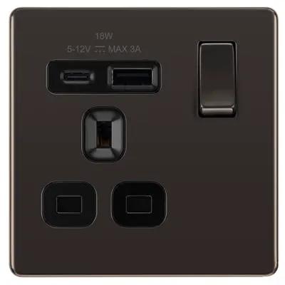 Electrical Lighting BG Screwless 13A 1 Gang 18W Switched Socket & USB-A+C Black Nickel FBN21UAC18B-01 - Electrical Lighting BG Screwless 13A 1 Gang 18W Switched Socket & USB-A+C Black Nickel FBN21UAC18B-01