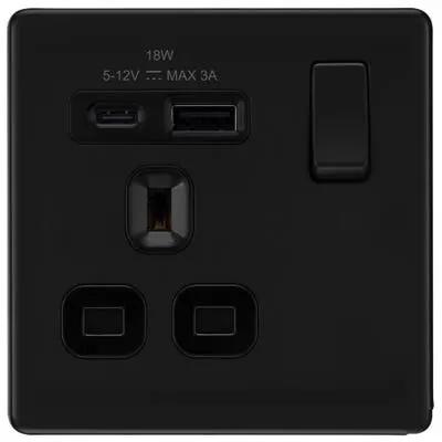 Electrical Lighting BG Screwless 13A 1 Gang 18W Switched Socket & USB-A+C Matt Black FFB21UAC18B-01 - Electrical Lighting BG Screwless 13A 1 Gang 18W Switched Socket & USB-A+C Matt Black FFB21UAC18B-01