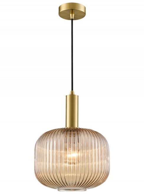 Franklite Mezcla Pendant Aged Brass With Ribbed Amber Glass 255mm - Pendant Lights Franklite Mezcla Pendant Aged Brass With Ribbed Amber Glass 255mm Pendant Lights