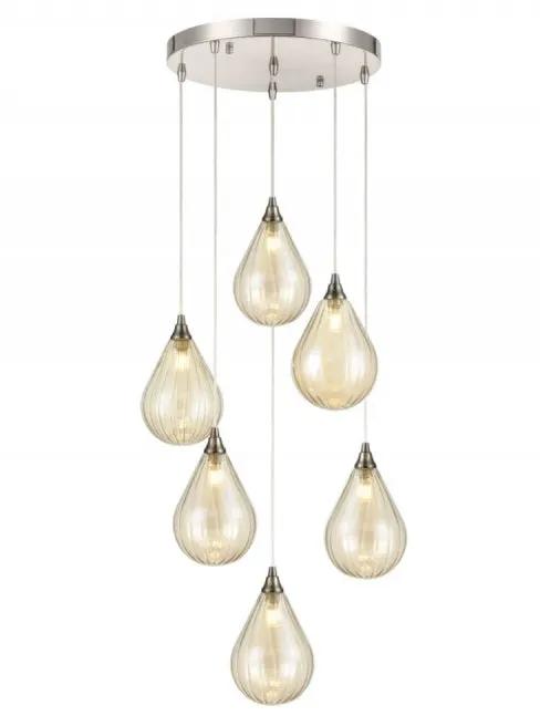 Franklite Perry 6 Light Spreader In Satin Nickel With Amber Glass - Suspended Lights Franklite Perry 6 Light Spreader In Satin Nickel With Amber Glass Suspended Lights
