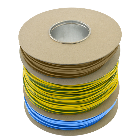 UNCRIMP 100M X 2MM PVC MULTI-REEL MIXED SLEEVING - 20M BLUE, 20M BROWN & 60M GREEN / YELLOW - UNCRIMP 100M X 2MM PVC MULTI-REEL MIXED SLEEVING - 20M BLUE, 20M BROWN & 60M GREEN / YELLOW