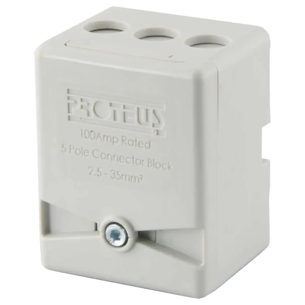 100 amp 5 pole electrical connector block, white plastic, with visible screw and cable entry holes