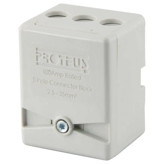100 amp 5 pole electrical connector block, white plastic, with visible screw and cable entry holes
