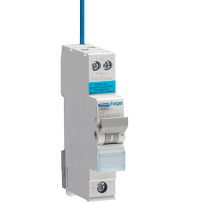 Single pole B curve RCBO circuit breaker with test button and blue wire for electrical safety