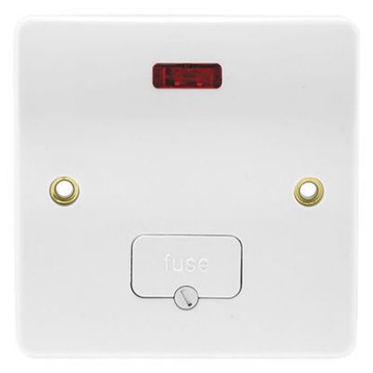 Unswitched fused spur with neon indicator, white wall plate, for UK electrical wiring