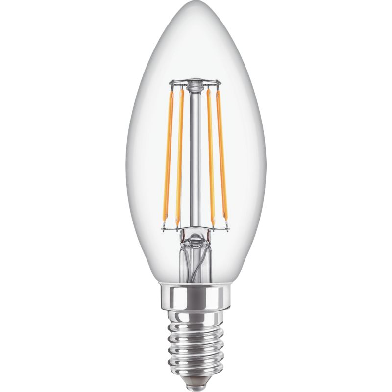 Candle-shaped LED filament bulb with E14 screw base, clear glass, 40W equivalent
