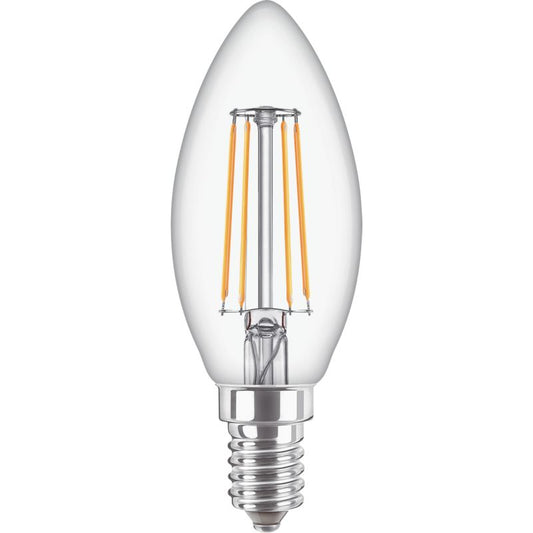 Candle-shaped LED filament bulb with E14 screw base, clear glass, 40W equivalent