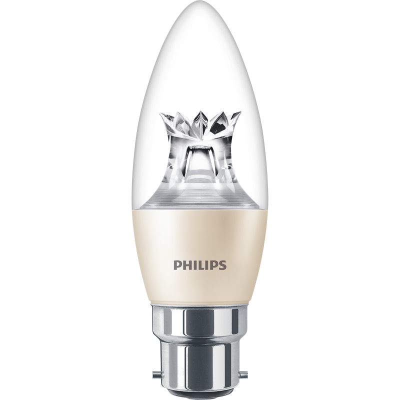 LED candle bulb with clear glass, silver B22 base, energy efficient light for home lighting