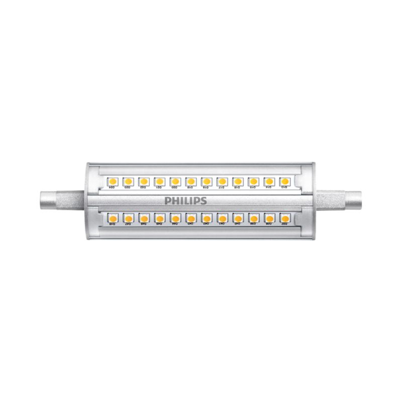 R7S 118mm LED linear bulb with visible diodes and silver end caps