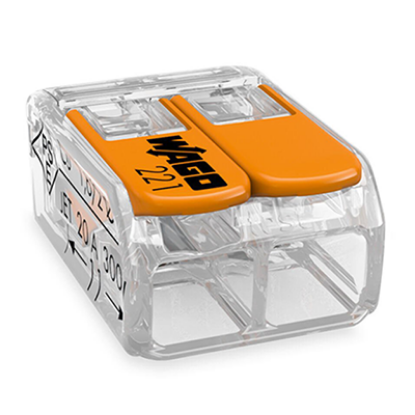 2-conductor compact splicing connector with orange levers, used for electrical wiring