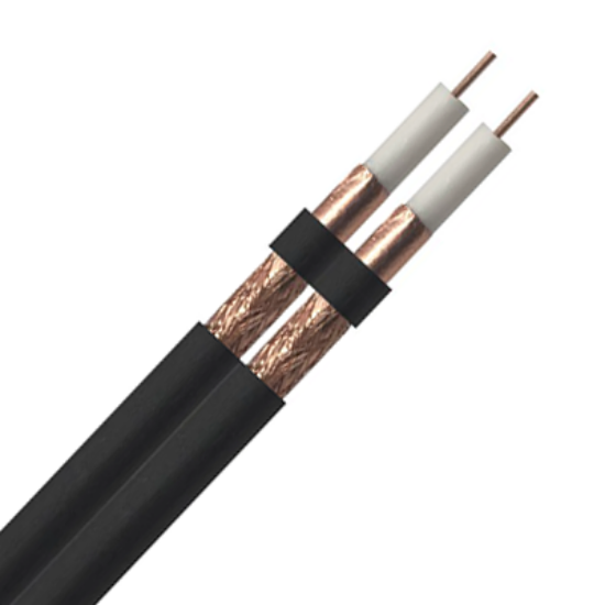 Twin coaxial black PVC cable with copper conductors for electrical wiring.