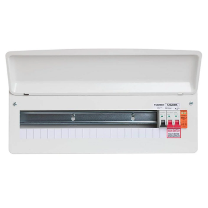 20-way white metal consumer unit with RCBO circuit breakers and SPD, hinged lid open