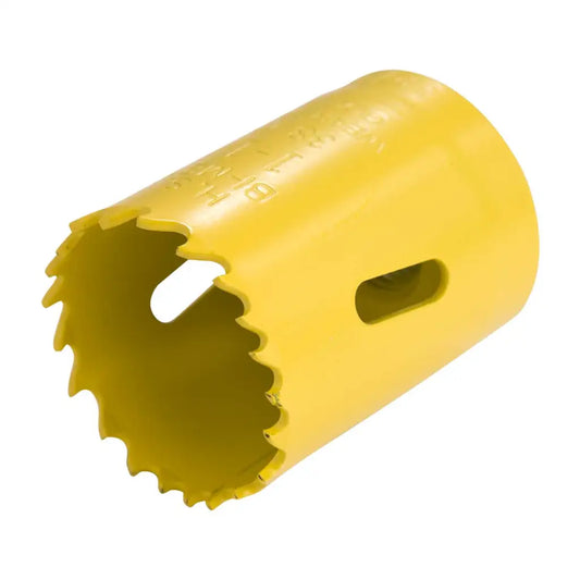 Yellow bi-metal hole saw for electrical installation and wiring projects
