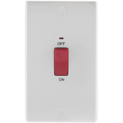 Double pole switch with red rocker, indicator, and double plate for electrical lighting