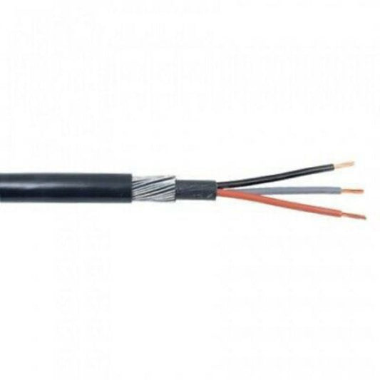 10mm three core steel wire armoured cable with black, grey, and brown wires exposed
