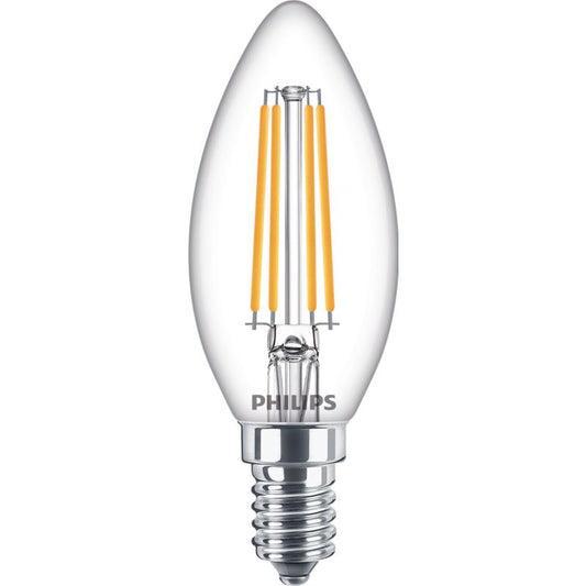 Clear LED candle bulb E14 B35 with visible filaments for home lighting