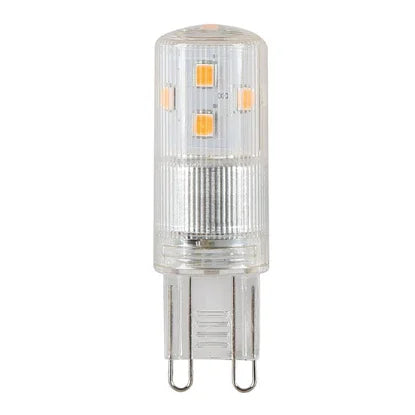 Dimmable LED G9 light bulb with clear casing and visible LED chips, energy-efficient lighting