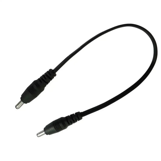 Black LED lighting power extension cable with DC male connectors on white background
