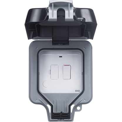 Outdoor weatherproof fused connection unit with switch and protective cover