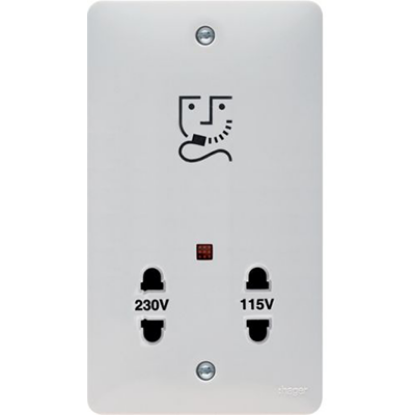 White shaver outlet with 230V and 115V sockets, suitable for bathroom electrical accessories.