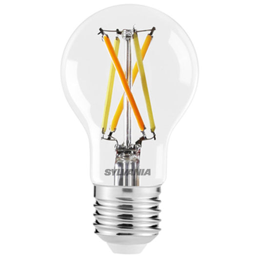 Clear LED filament light bulb with visible filaments and screw base
