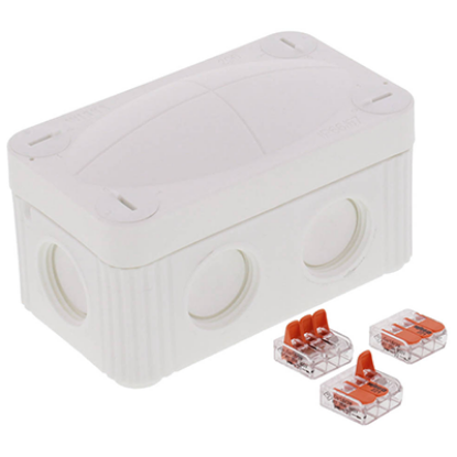 White PVC adaptable electrical junction box with Wago wire connectors for wiring installation