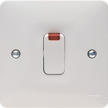 White double pole switch with LED indicator, screw fixing, suitable for electrical wiring.