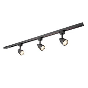 Black LED track lighting bar with three adjustable spotlights for modern interiors