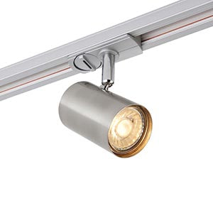 LED track light spotlight in brushed metal finish mounted on ceiling rail