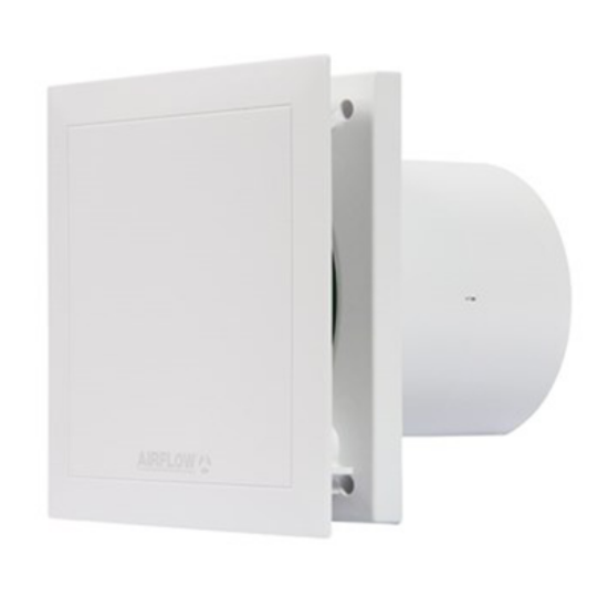 White wall-mounted extractor fan with square front, suitable for home ventilation
