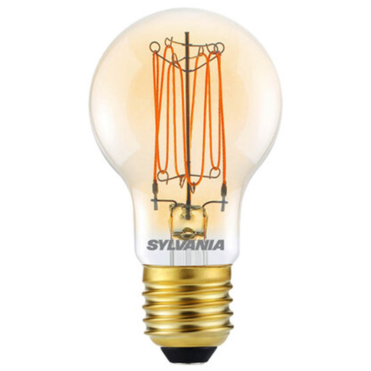 vintage LED filament light bulb with clear glass and gold screw base