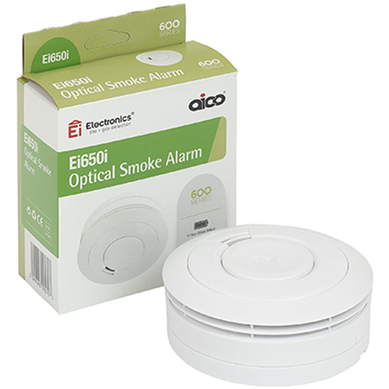 Ei650i optical smoke alarm with packaging, battery powered safety device for home use