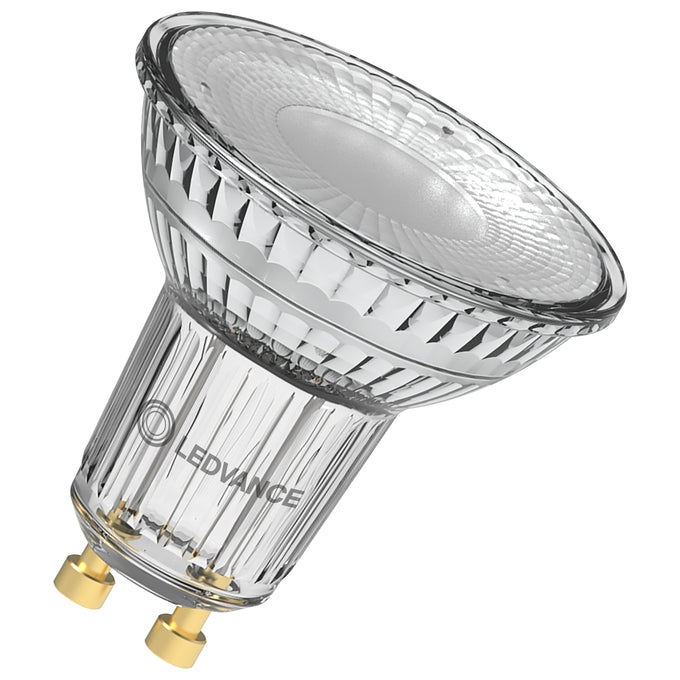 Clear GU10 LED spotlight bulb with glass body, energy-efficient lighting accessory