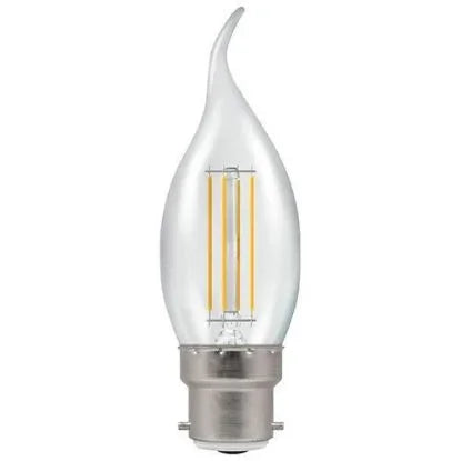 5W-40W LED bent tip dimmable candle bulb with bayonet cap, clear glass, filament style
