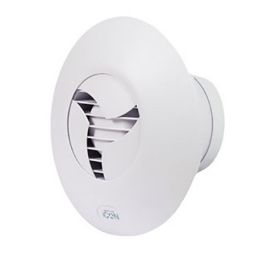 White extractor fan for home ventilation, circular front grille, electrical lighting accessory