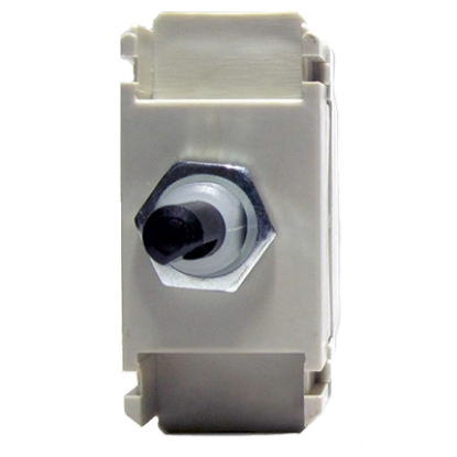 2-way push on/off switch module for UK electrical lighting, white front, single toggle