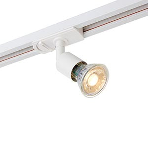 White LED track lighting spotlight mounted on a ceiling rail for indoor illumination