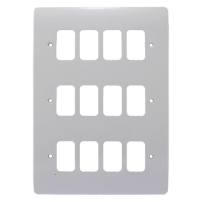 White 12-gang switch front plate for electrical wiring, rectangular cut-outs, screw holes